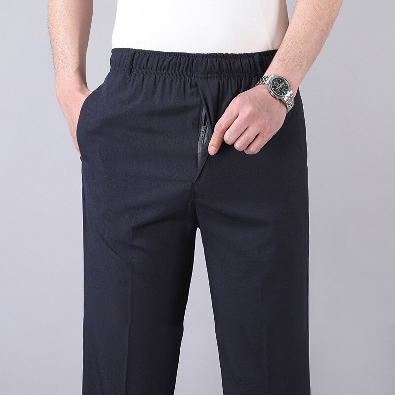 Men's Trousers Casual Pants Pocket Elastic Waist Solid Color Comfort Breathable Full Length Daily Stylish Classic Style Black Navy Blue Micro-elastic