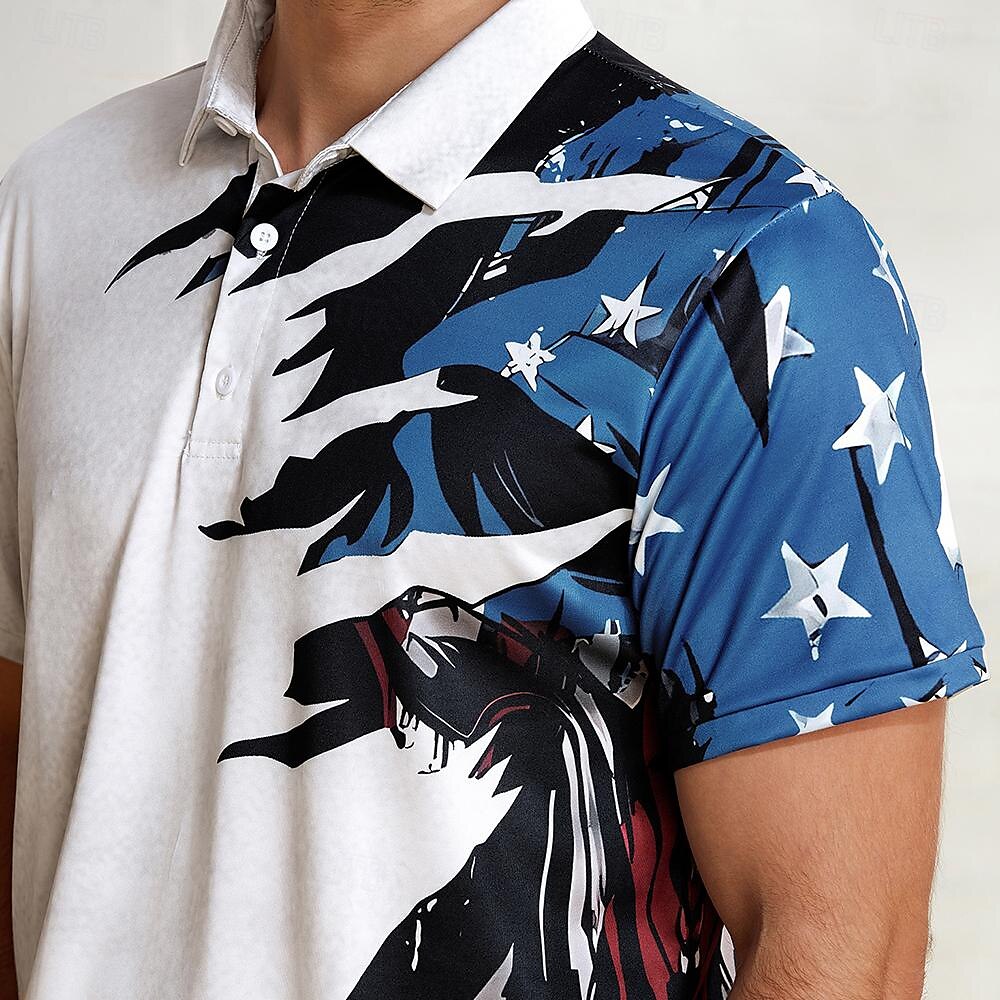 Men's Polo Shirt Golf Shirt American Flag Turndown White & Blue Custom Print White Navy Blue Blue 3D Print Street Daily Short Sleeve 3D Button-Down Clothing Apparel Fashion Casual Comfortable