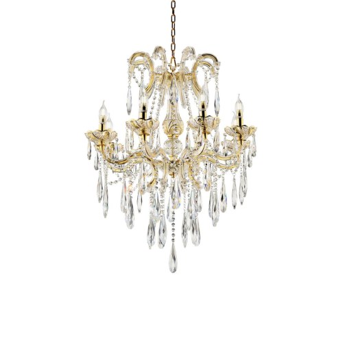 35" Tall" Luminere" 8 LED Light Chandelier with Crystals, Matte Gold and Crystal
