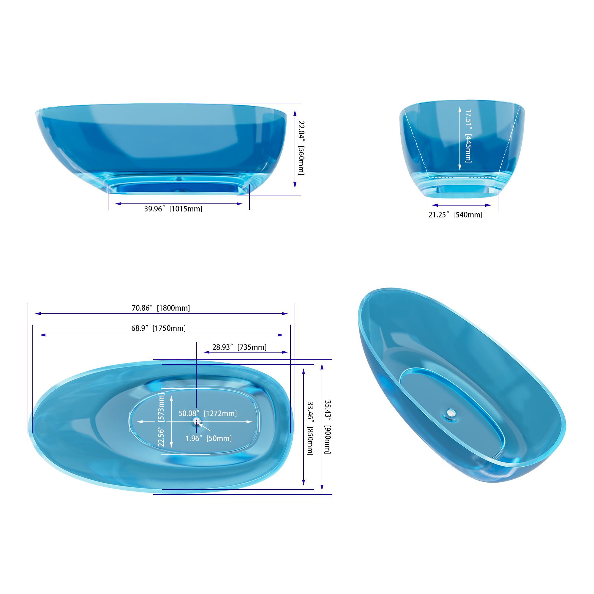 71'' Stone Resin Oval Modern Art Color Transparent Freestanding Soaking Bathtub Blue Sky