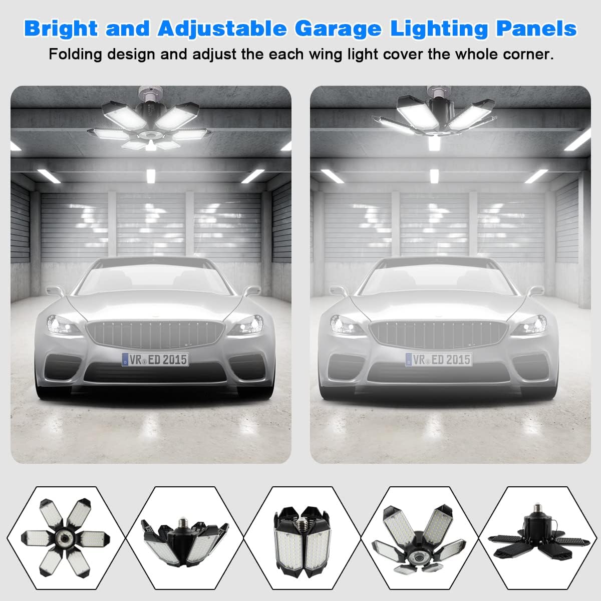 Garage Lights - 2Pack Super Bright 32000LM LED Garage Ceiling Light 6500K LED Shop Light w/ 6 Deformable Panels Screw in E26/E27 Socket Light Bulbs for Workshop Storage Warehouse Attic