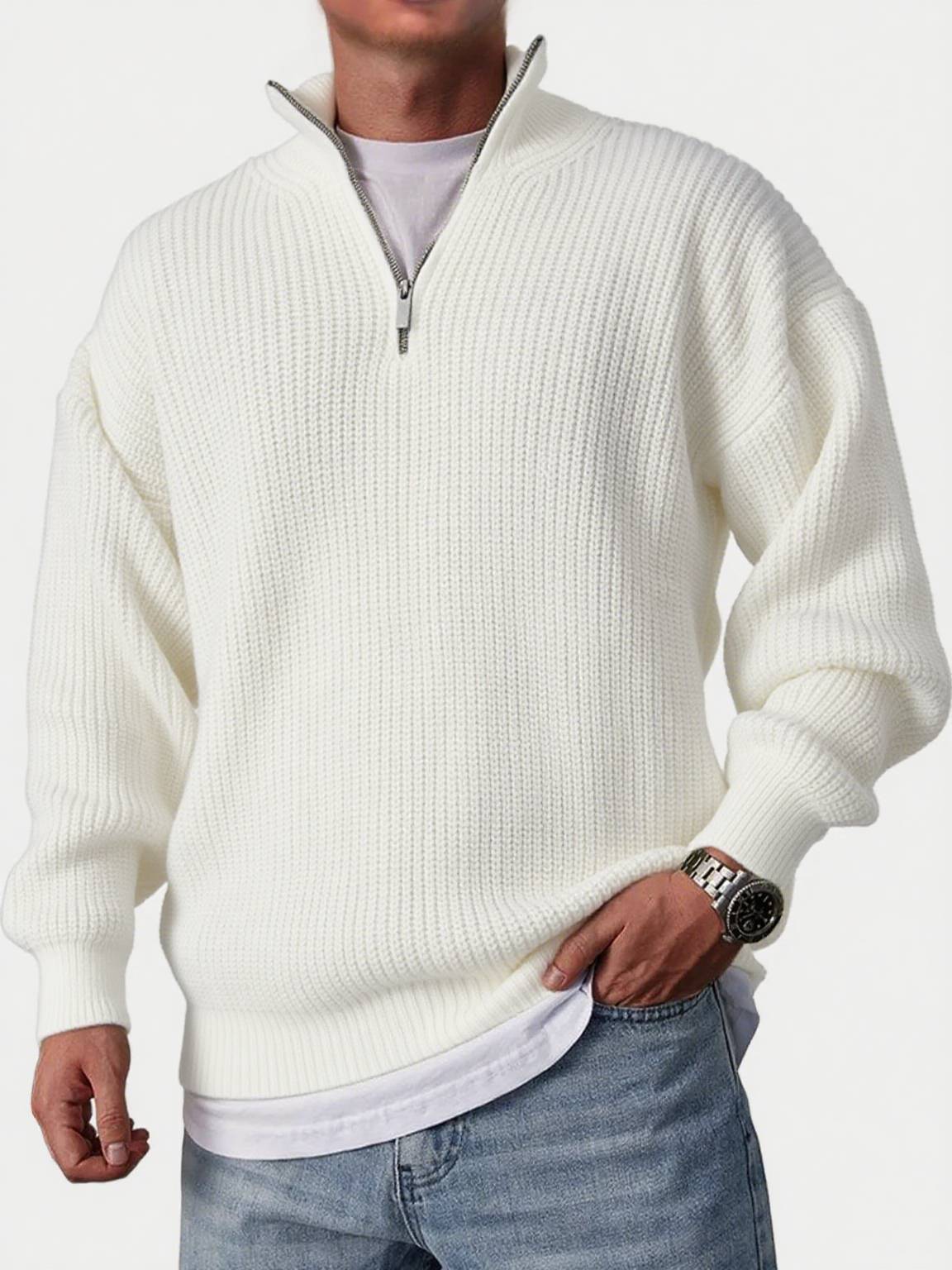 Men's Casual Fashion Loose Zipper Stand Collar Solid Color Sweater