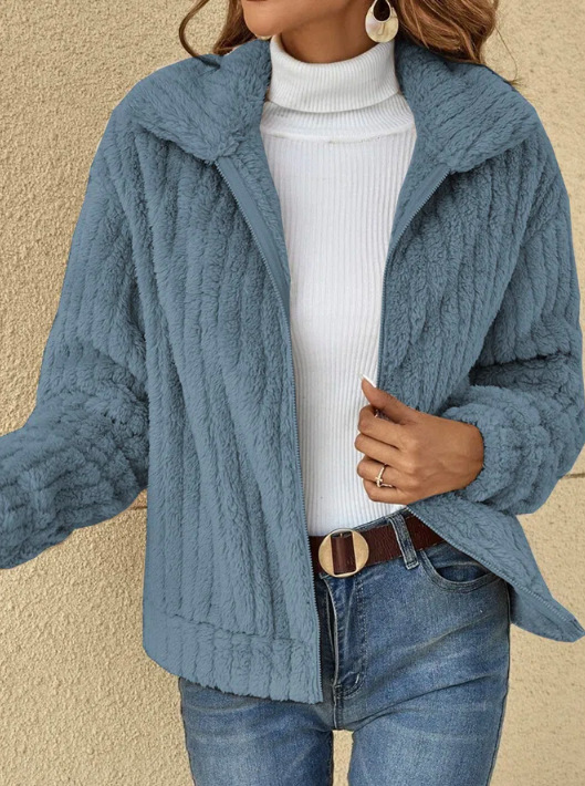 Short Jacket Lapel Zipper Warm Plush Fleece Casual Winter Coat
