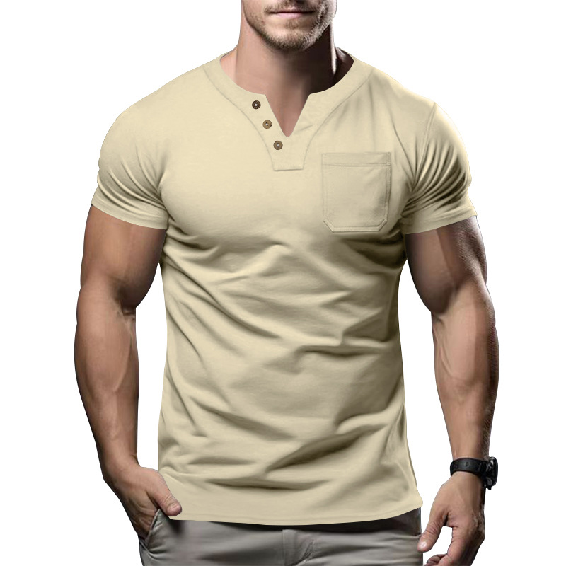 Men's Short-Sleeved Linen Cotton Casual Band Collar Shirt