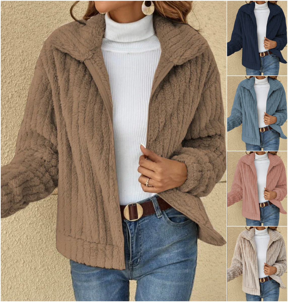 Short Jacket Lapel Zipper Warm Plush Fleece Casual Winter Coat