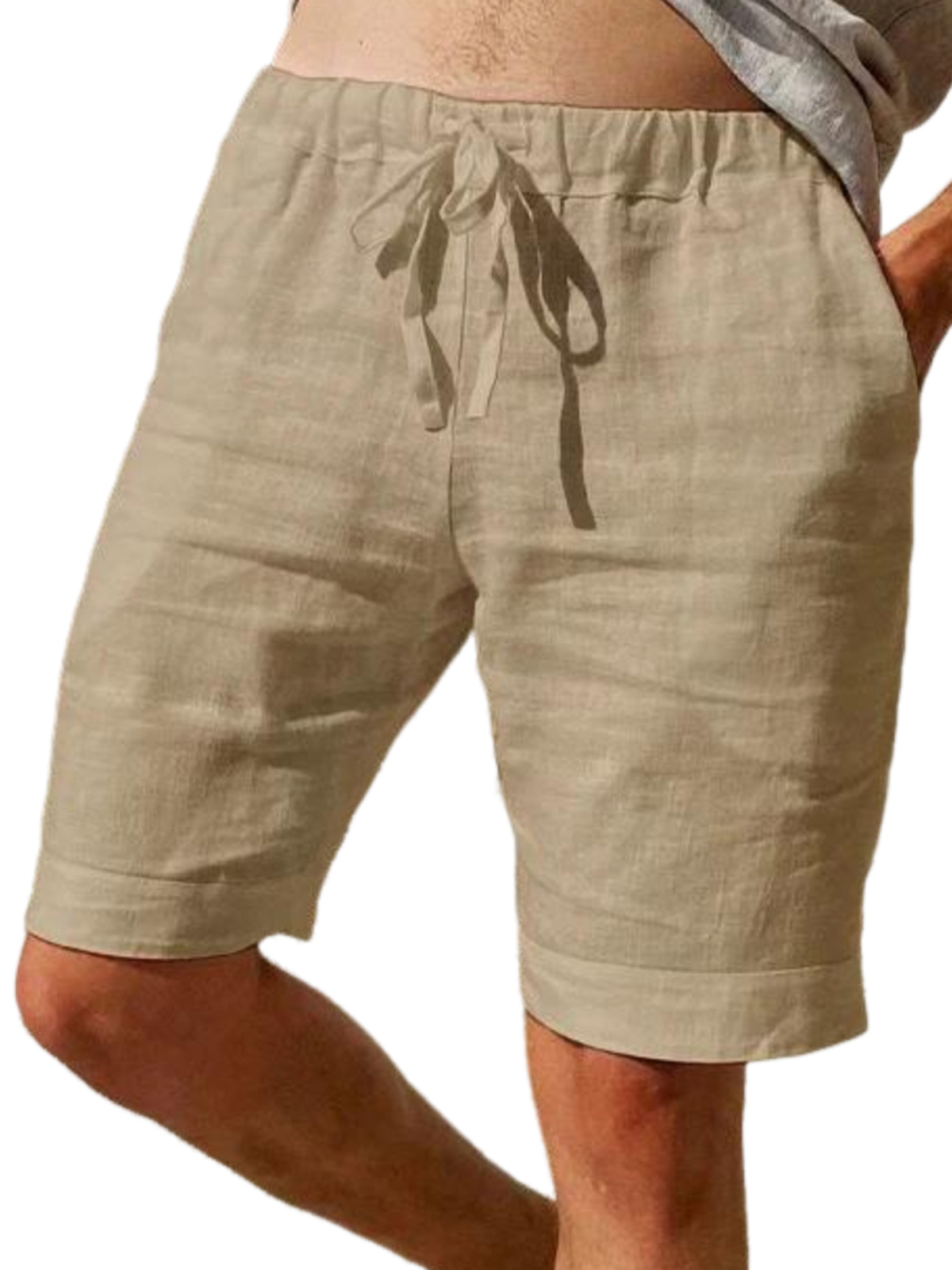 Men's 100% Cotton and Linen Vacation Casual Drawstring Elastic Waist Cropped Pants with Side Pockets