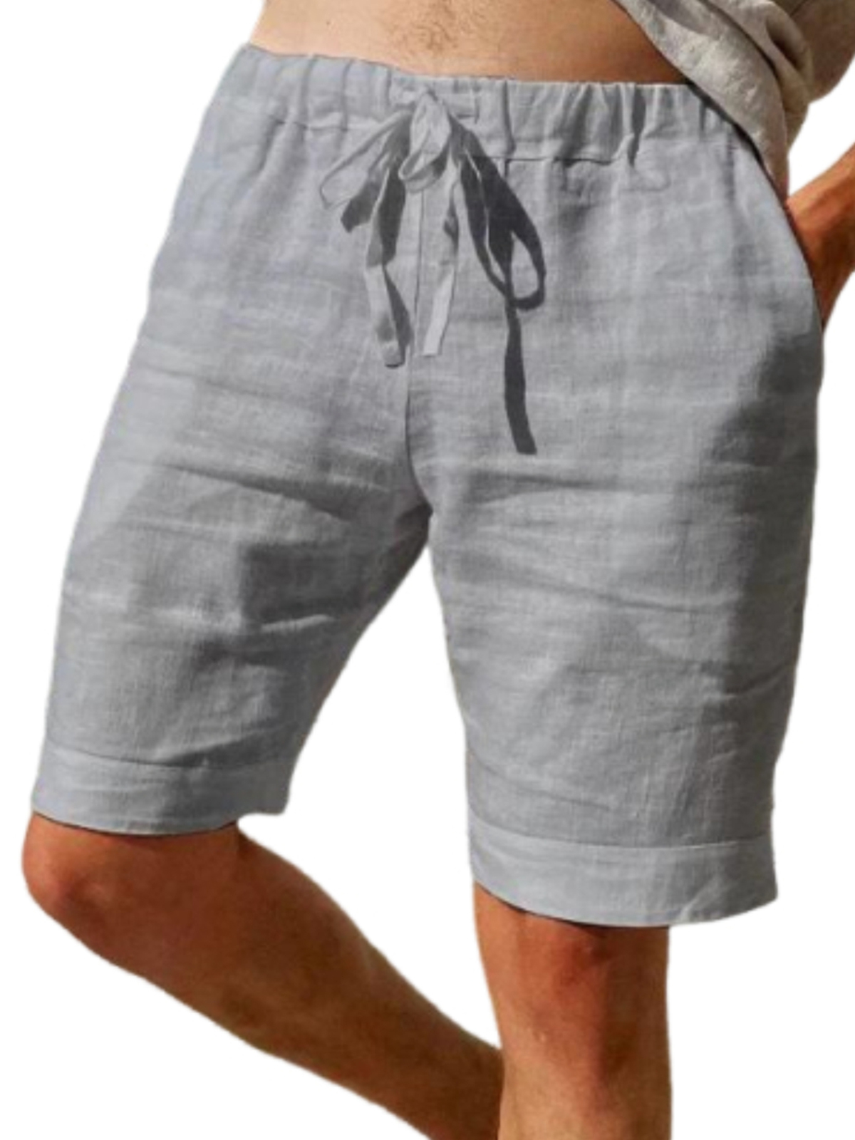 Men's 100% Cotton and Linen Vacation Casual Drawstring Elastic Waist Cropped Pants with Side Pockets