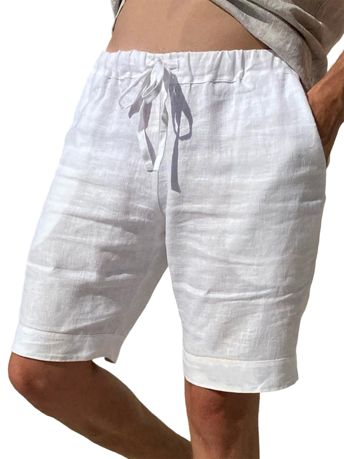 Men's 100% Cotton and Linen Vacation Casual Drawstring Elastic Waist Cropped Pants with Side Pockets