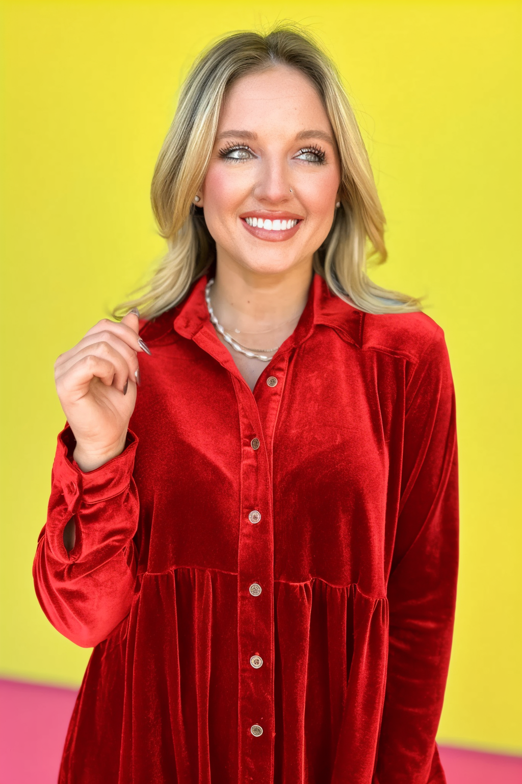 Evergreen Button Down Pleated High Low Tunic Velvet Top