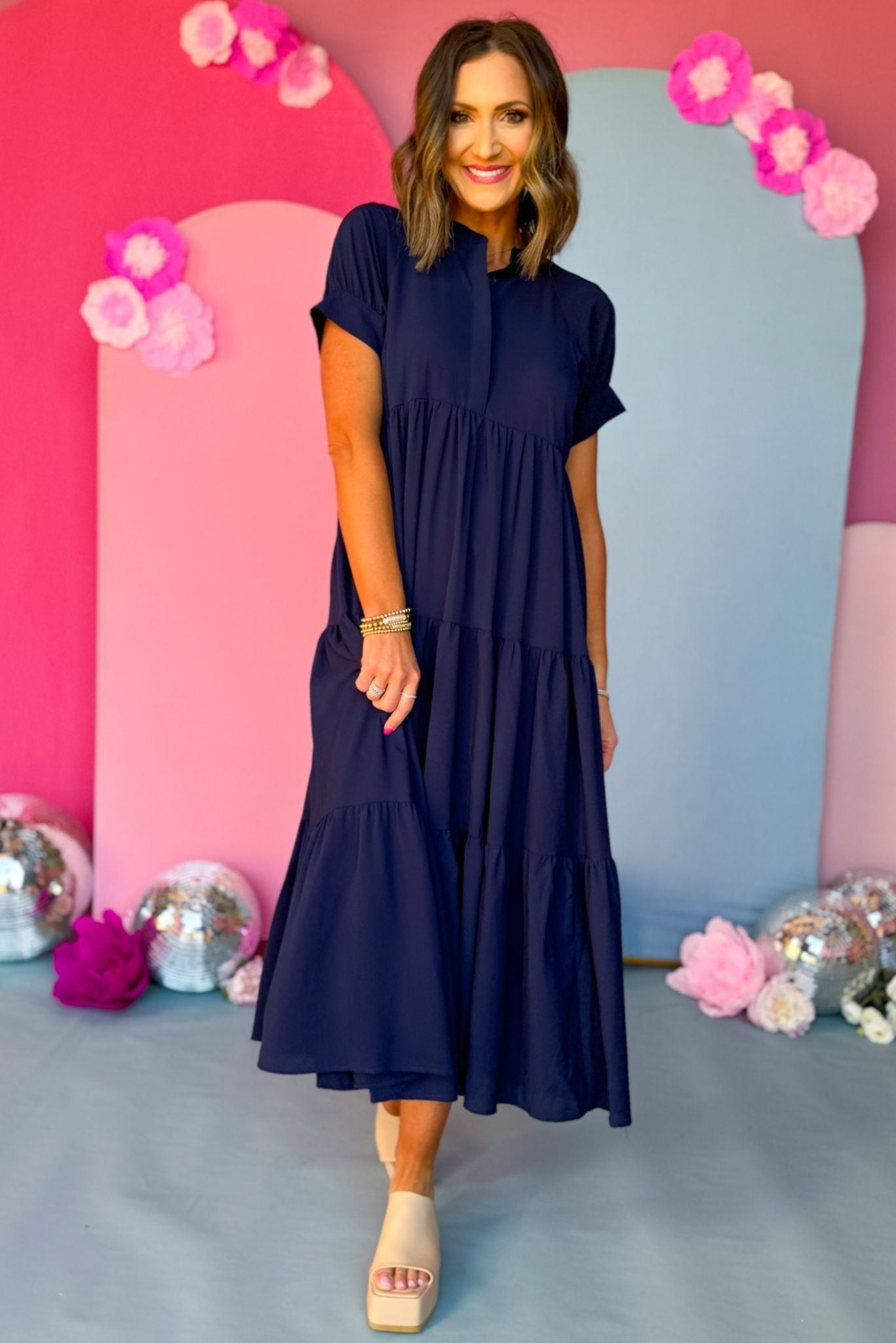 Button Front Tiered Short Sleeve Maxi Dress