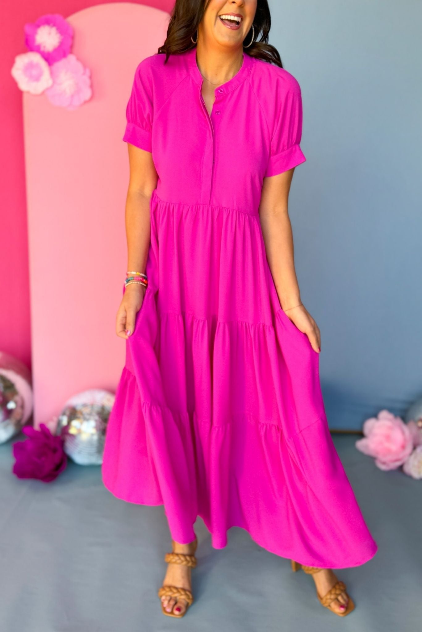 Button Front Tiered Short Sleeve Maxi Dress