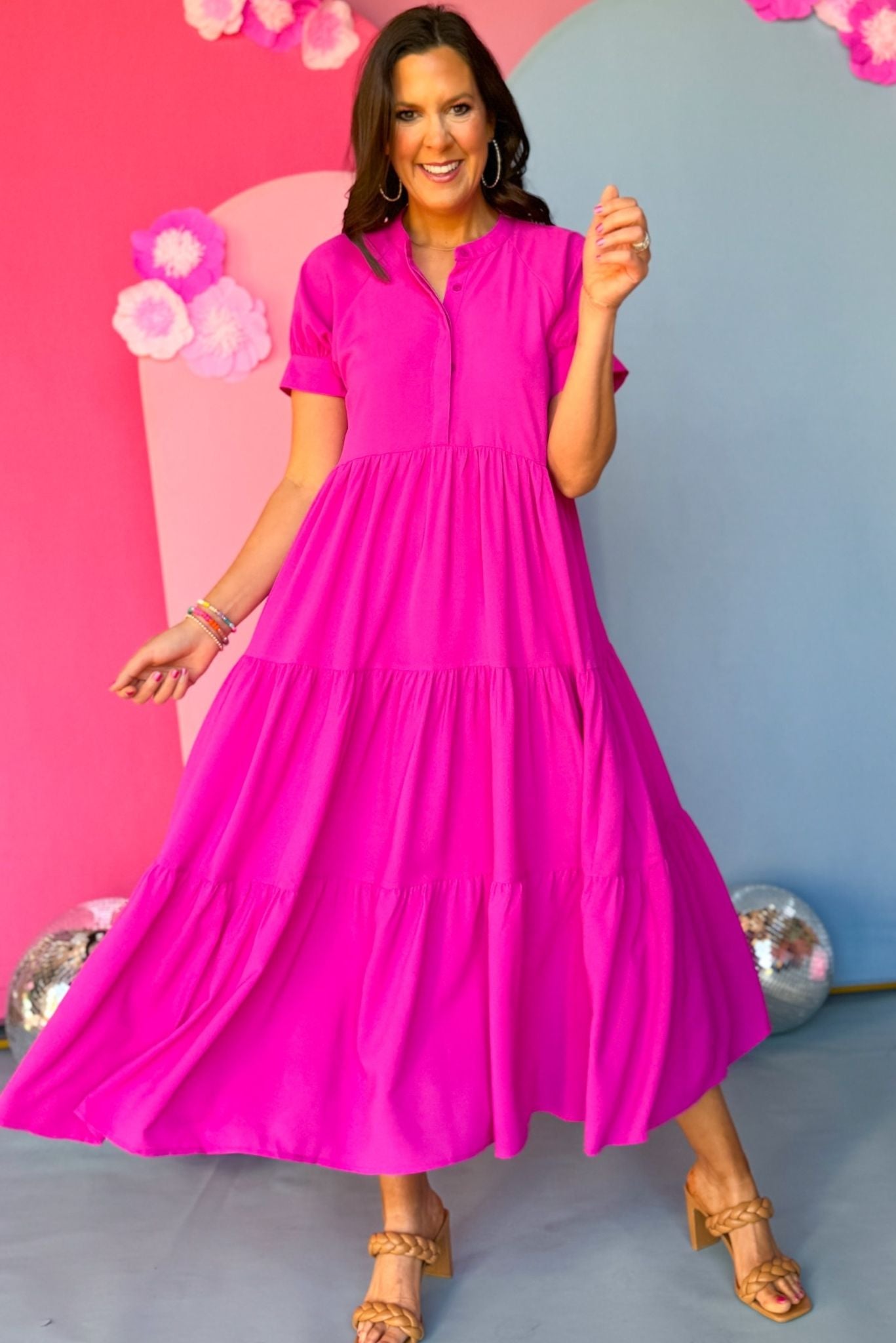 Button Front Tiered Short Sleeve Maxi Dress