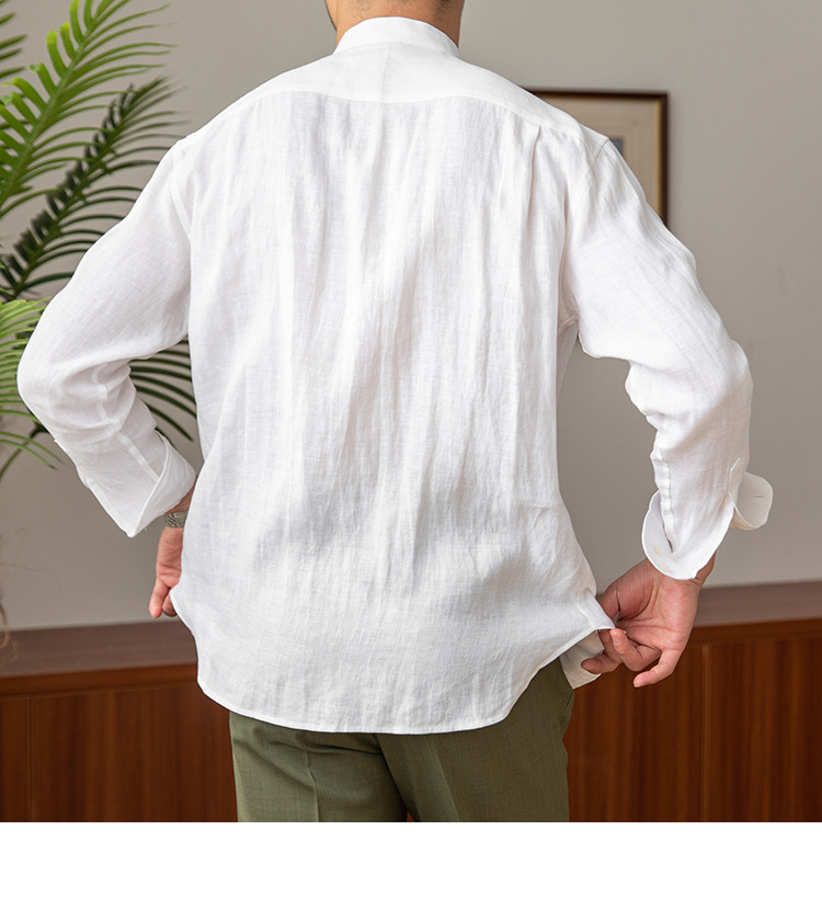 Casual Linen long-sleeved shirt versatile holiday stand-up collar shirt