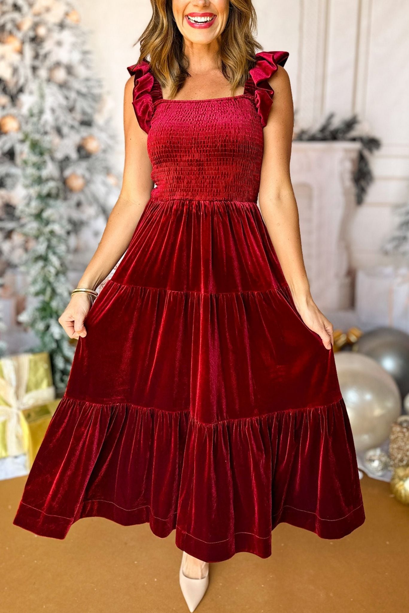 Burgundy Ruffle Shoulder Smocked Waist Tiered Velvet Midi Dress *FINAL SALE*