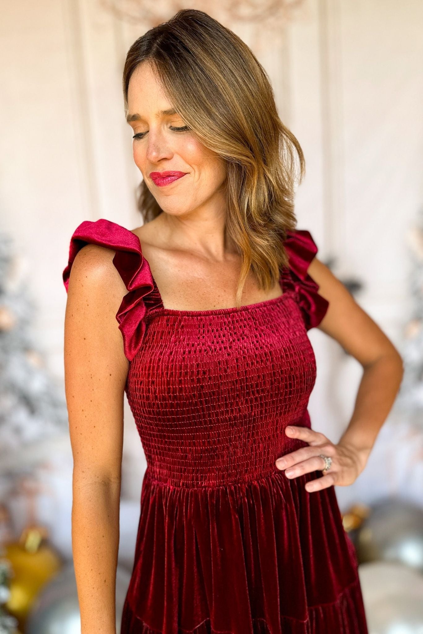 Burgundy Ruffle Shoulder Smocked Waist Tiered Velvet Midi Dress *FINAL SALE*