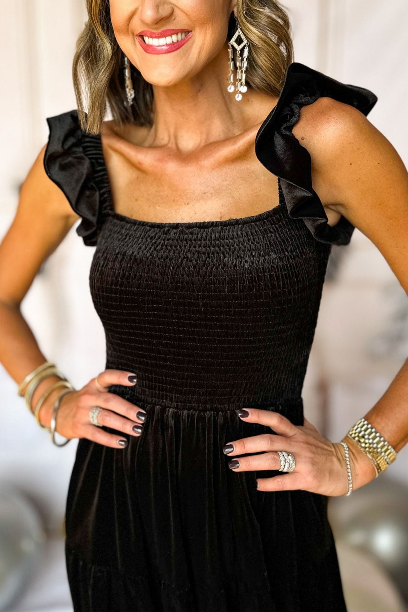 Burgundy Ruffle Shoulder Smocked Waist Tiered Velvet Midi Dress