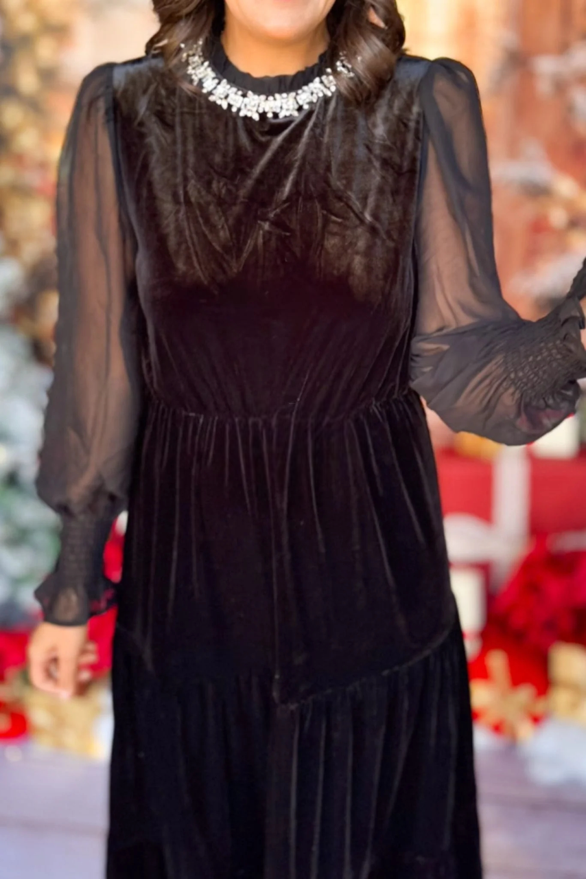 Winter Velvet Sheer Sleeve Maxi Dress