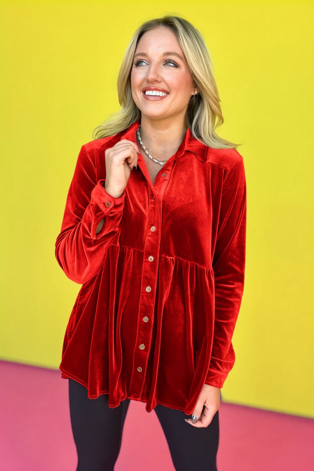 Evergreen Button Down Pleated High Low Tunic Velvet Top