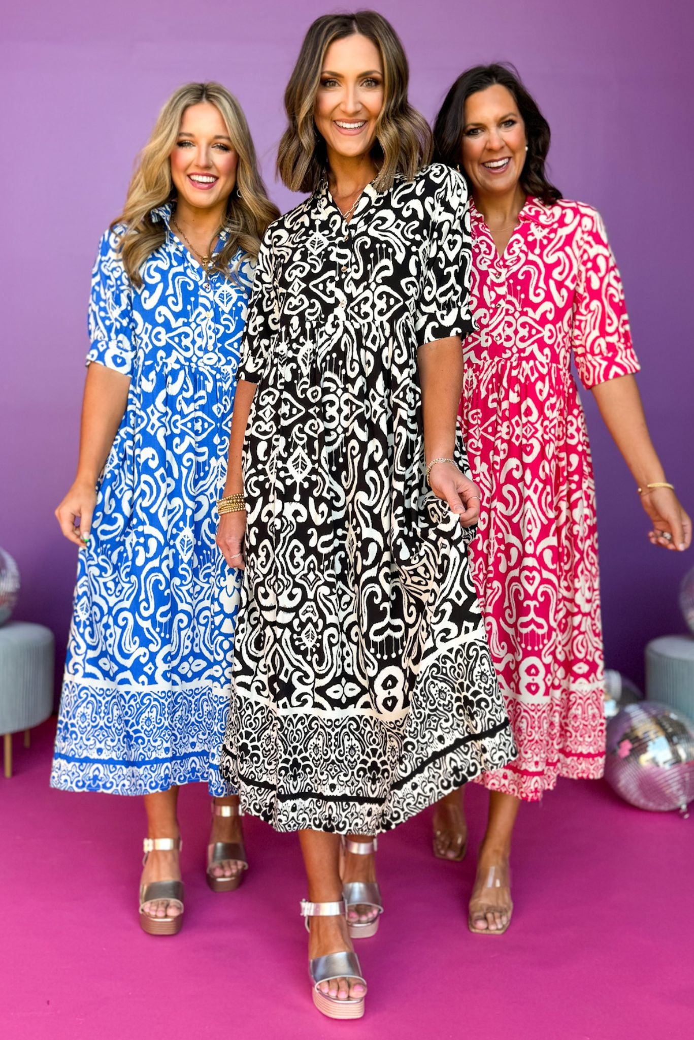 Paisley Printed Split Neck Collared Elbow Sleeve Dress