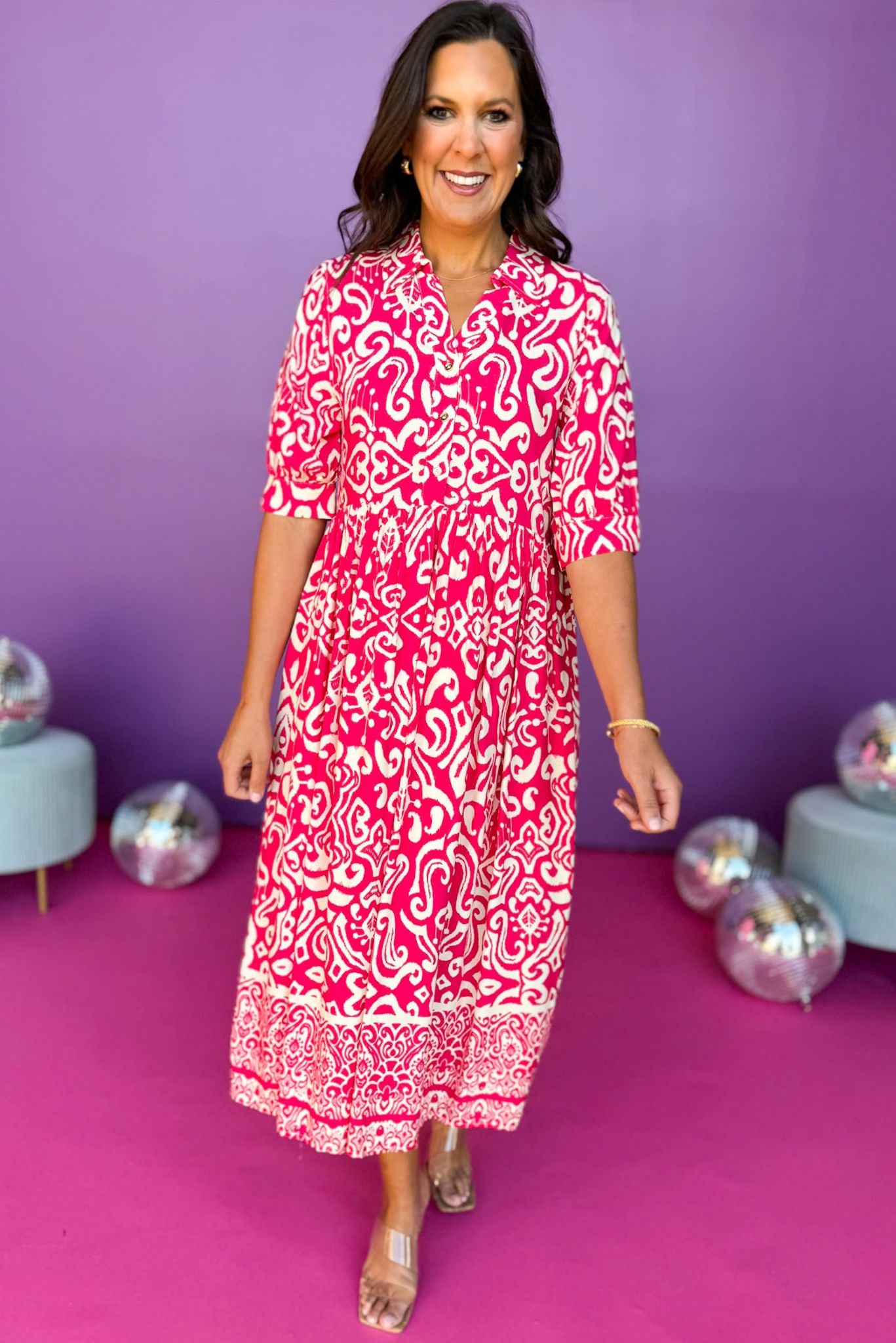 Paisley Printed Split Neck Collared Elbow Sleeve Dress