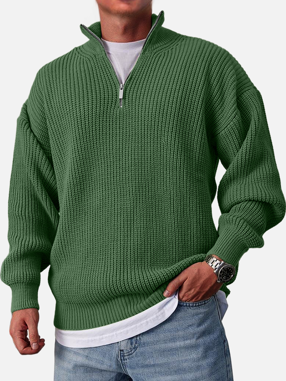 Men's Casual Fashion Loose Zipper Stand Collar Solid Color Sweater