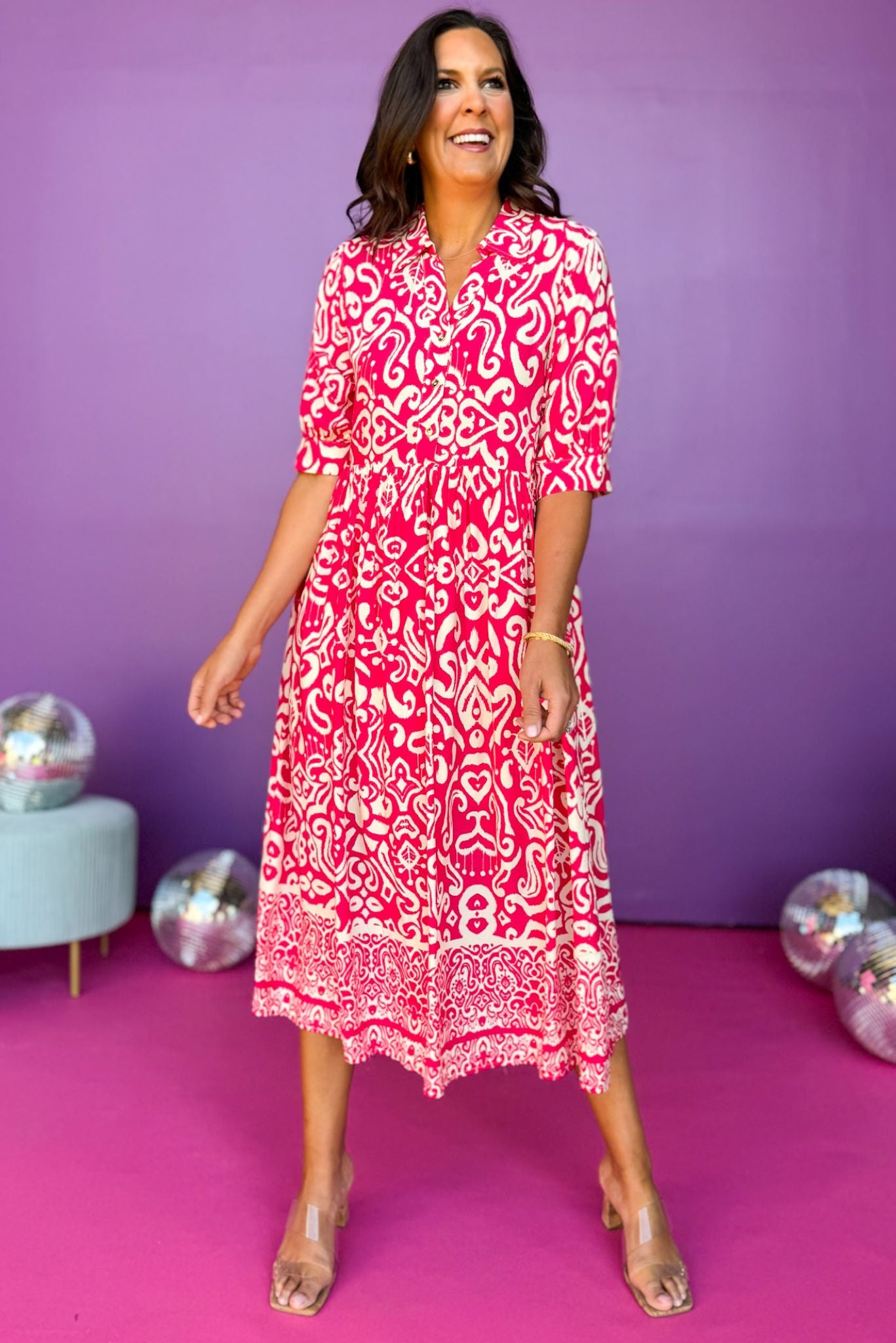 Paisley Printed Split Neck Collared Elbow Sleeve Dress