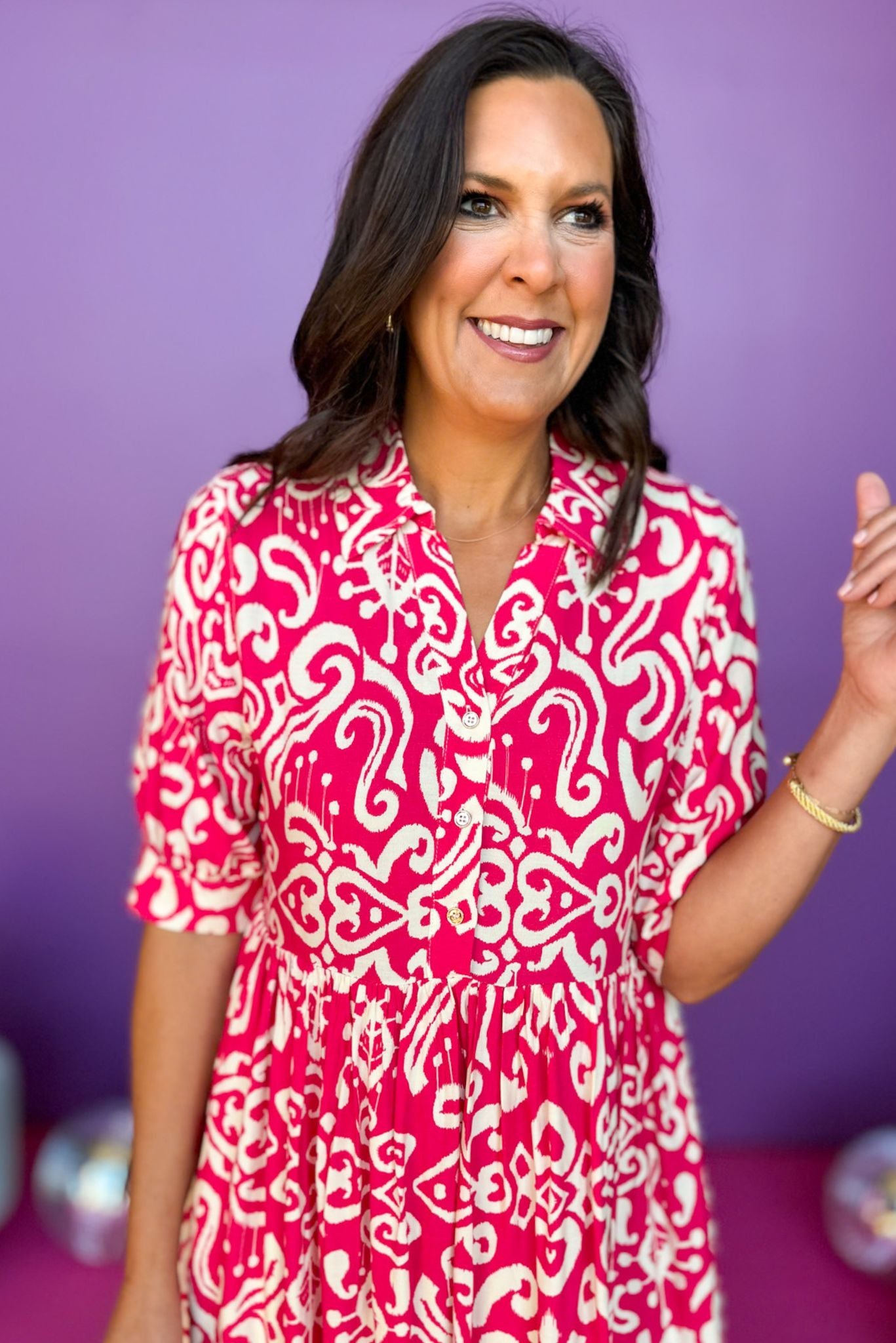 Paisley Printed Split Neck Collared Elbow Sleeve Dress