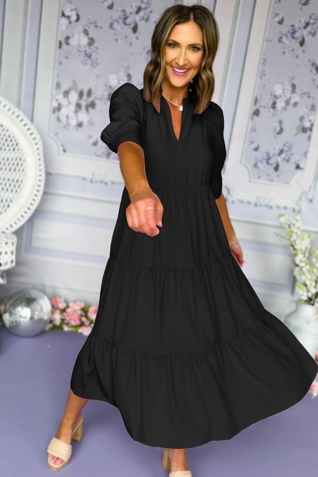 V-Nack Three Quarter Sleeve Tiered Midi Dress