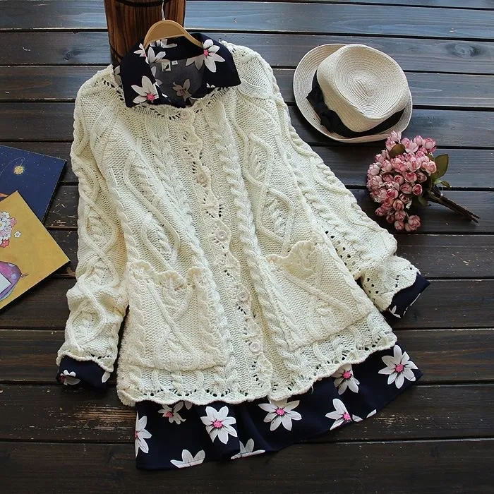 Vintage Jacquard Weave Pocket Button Comfy Sweater