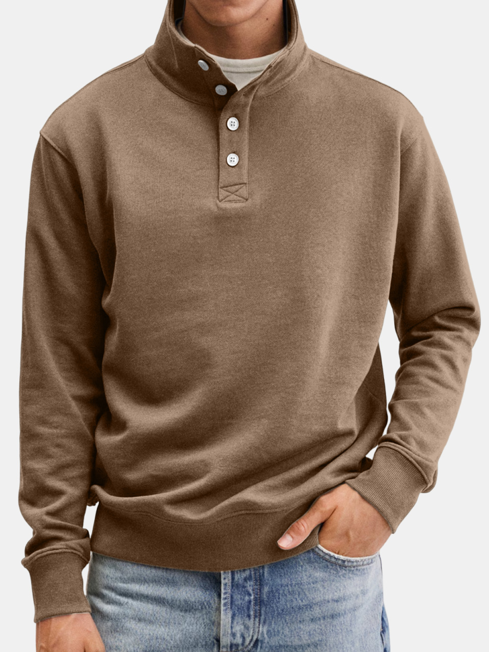 Men's Casual Solid Color Stand Collar Button Sweatshirt