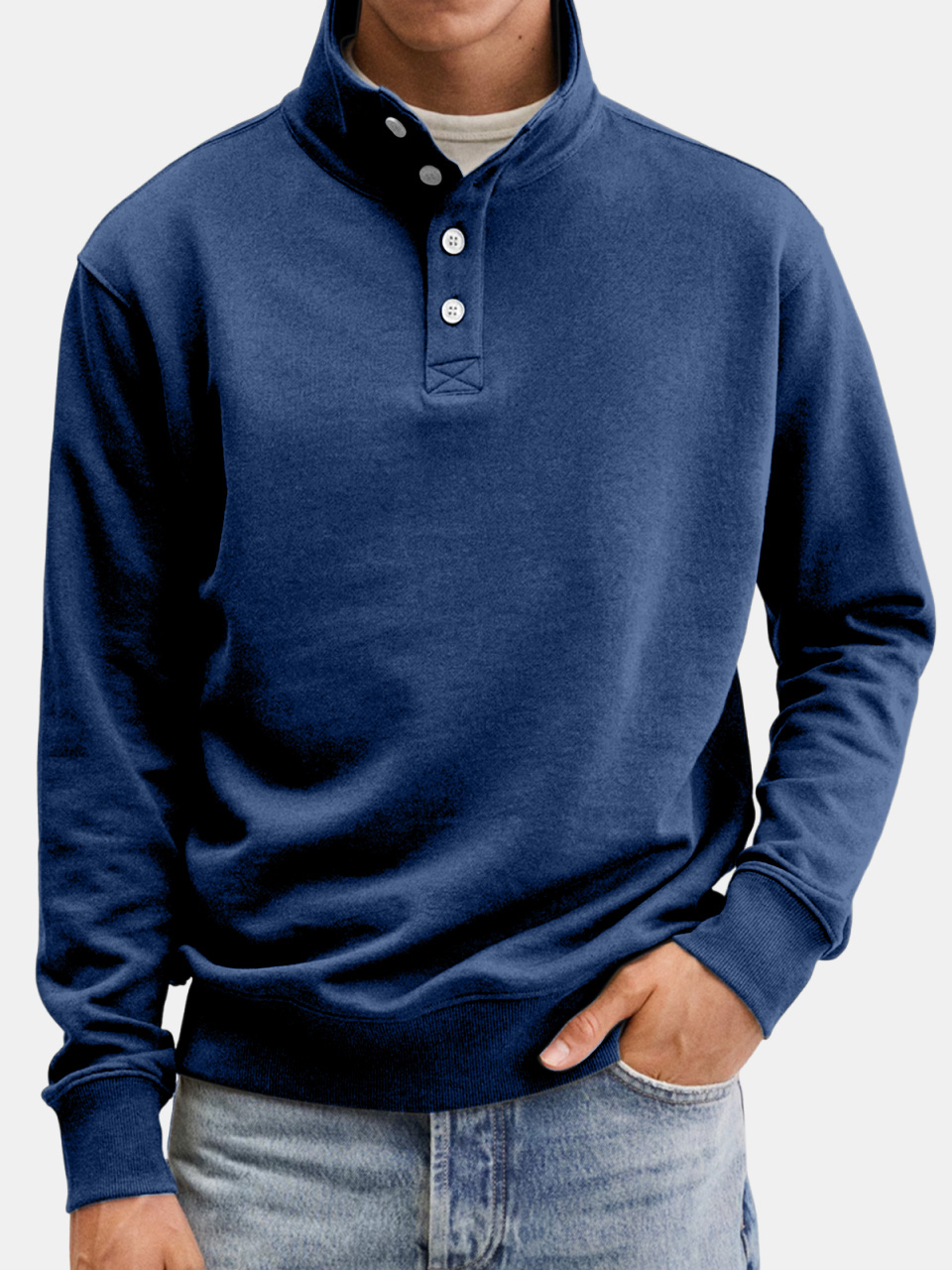 Men's Casual Solid Color Stand Collar Button Sweatshirt