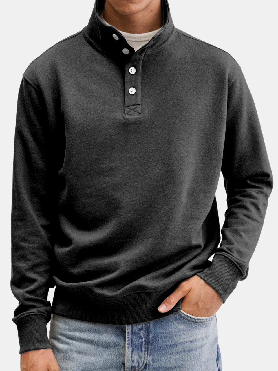 Men's Casual Solid Color Stand Collar Button Sweatshirt