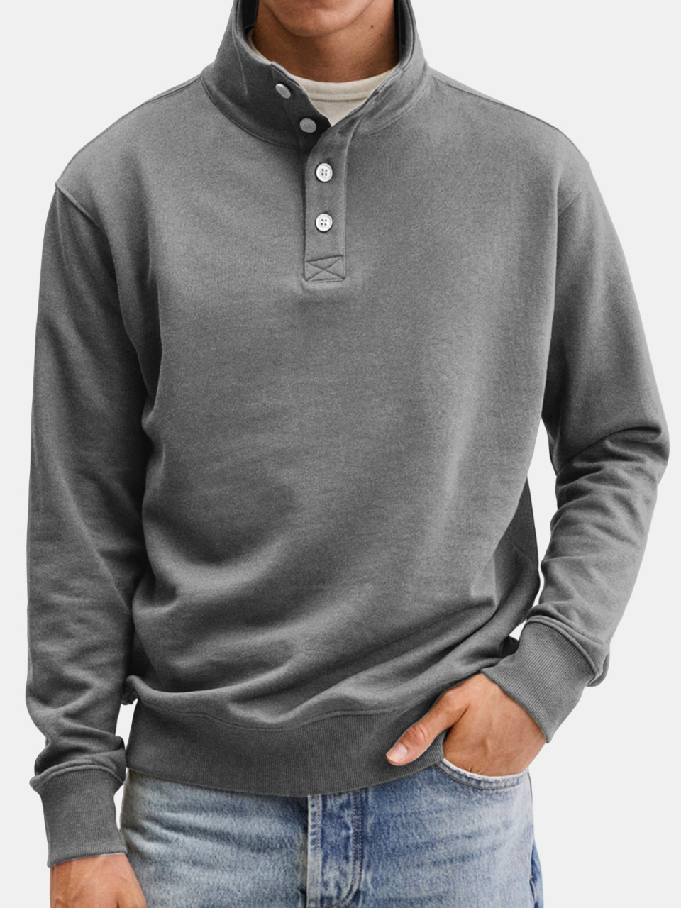 Men's Casual Solid Color Stand Collar Button Sweatshirt