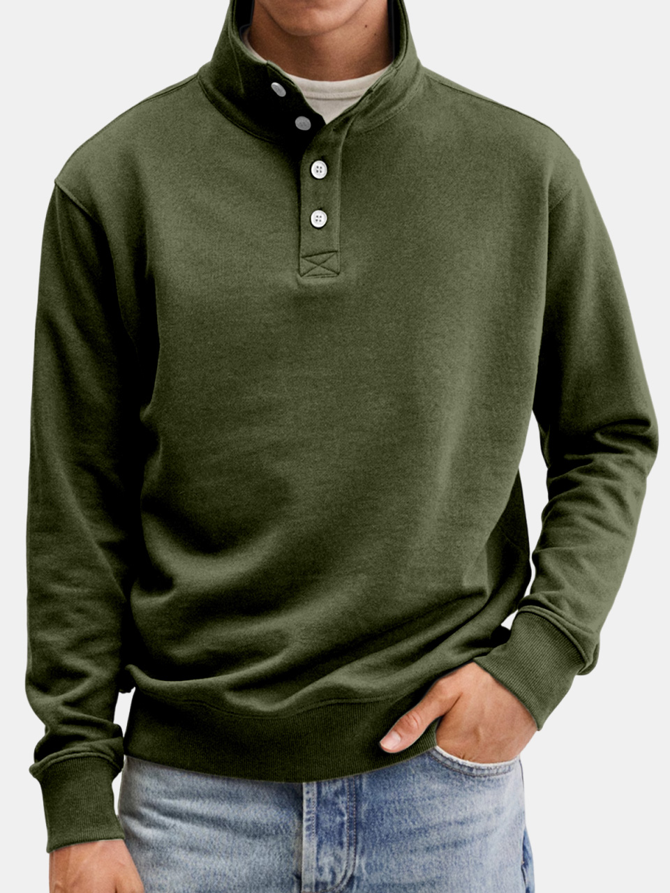 Men's Casual Solid Color Stand Collar Button Sweatshirt