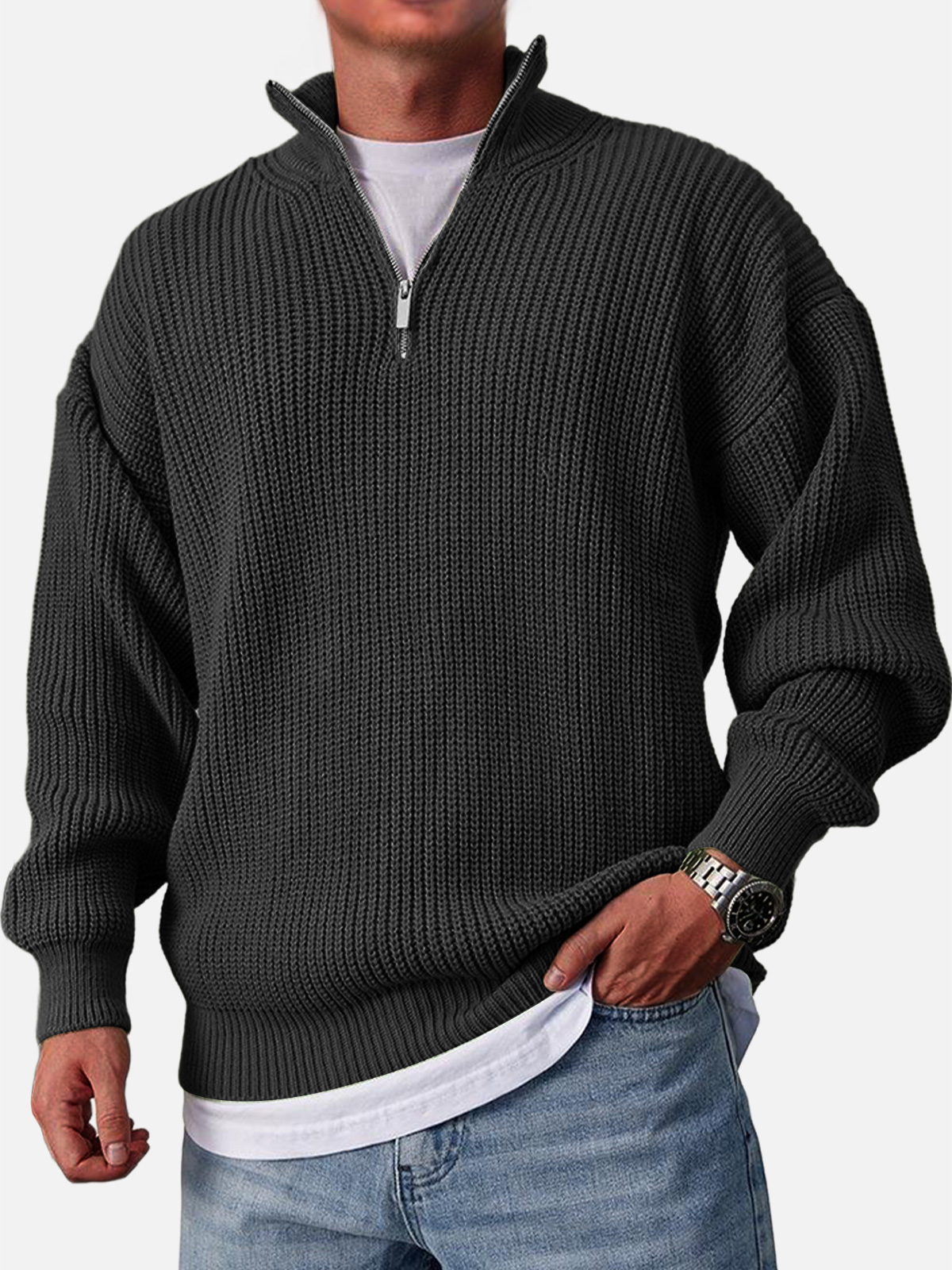 Men's Casual Fashion Loose Zipper Stand Collar Solid Color Sweater