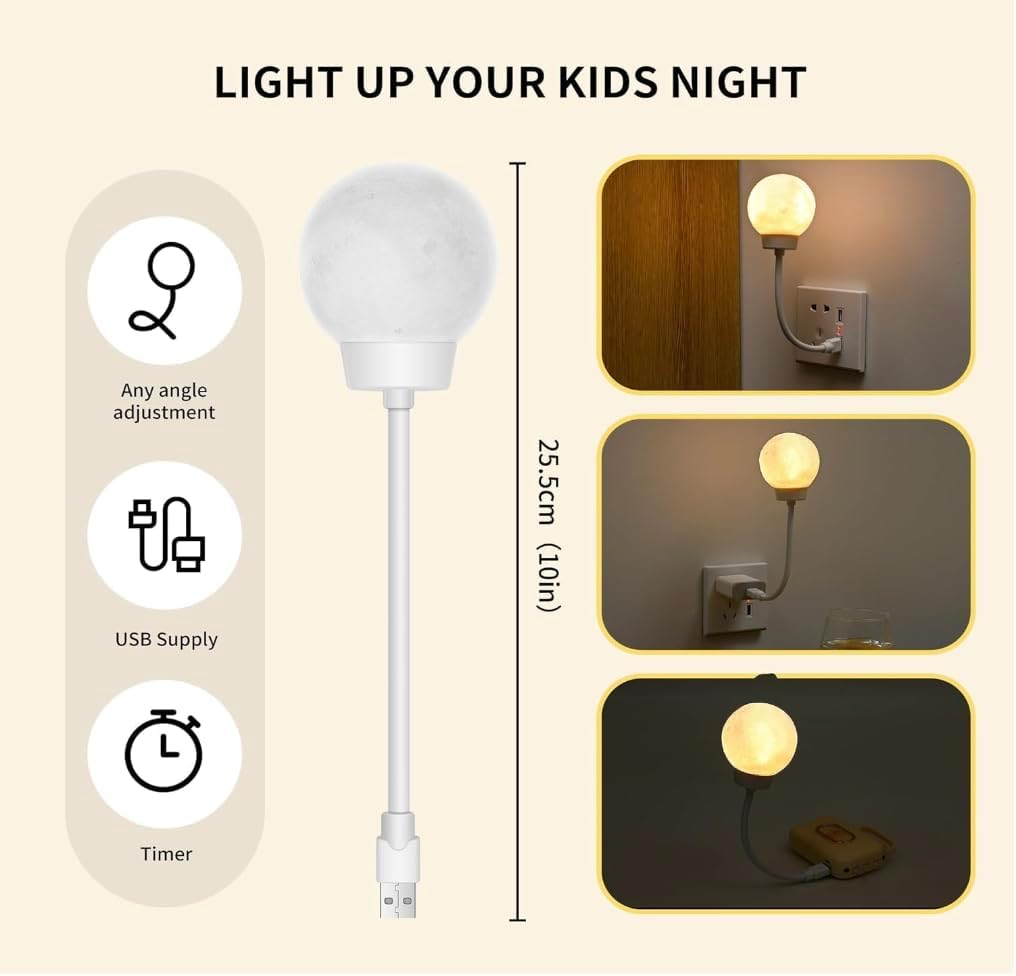 Smart Moon Night Light for Kids, USB Plug-in LED Lamp with 3-Color Dimming & Voice Control, Decorative Moon Nightlight for Bedroom & Bedside