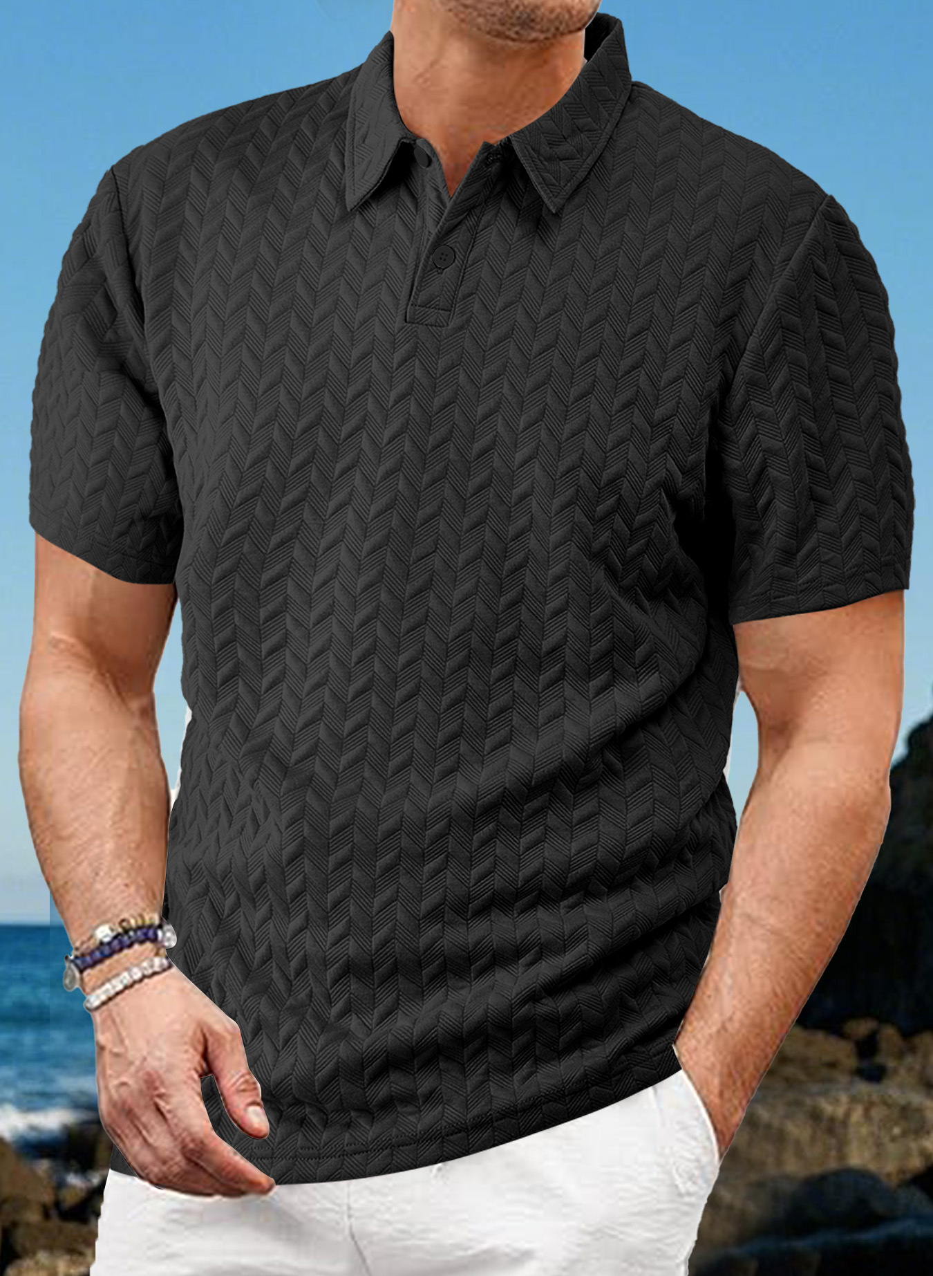 Casual solid color breathable jacquard POLO shirt