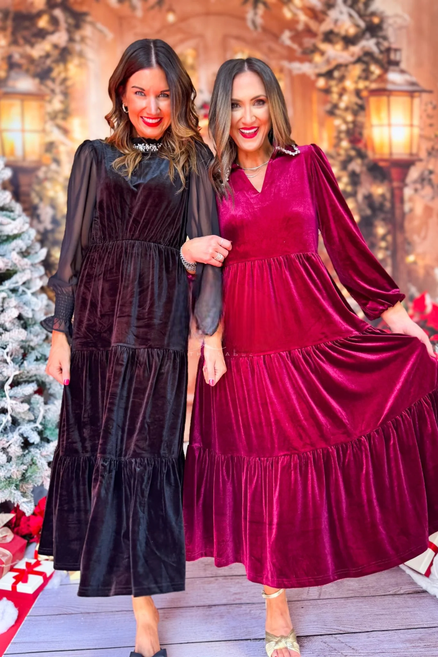 Snow Velvet Rhinestone Collar Maxi Dress