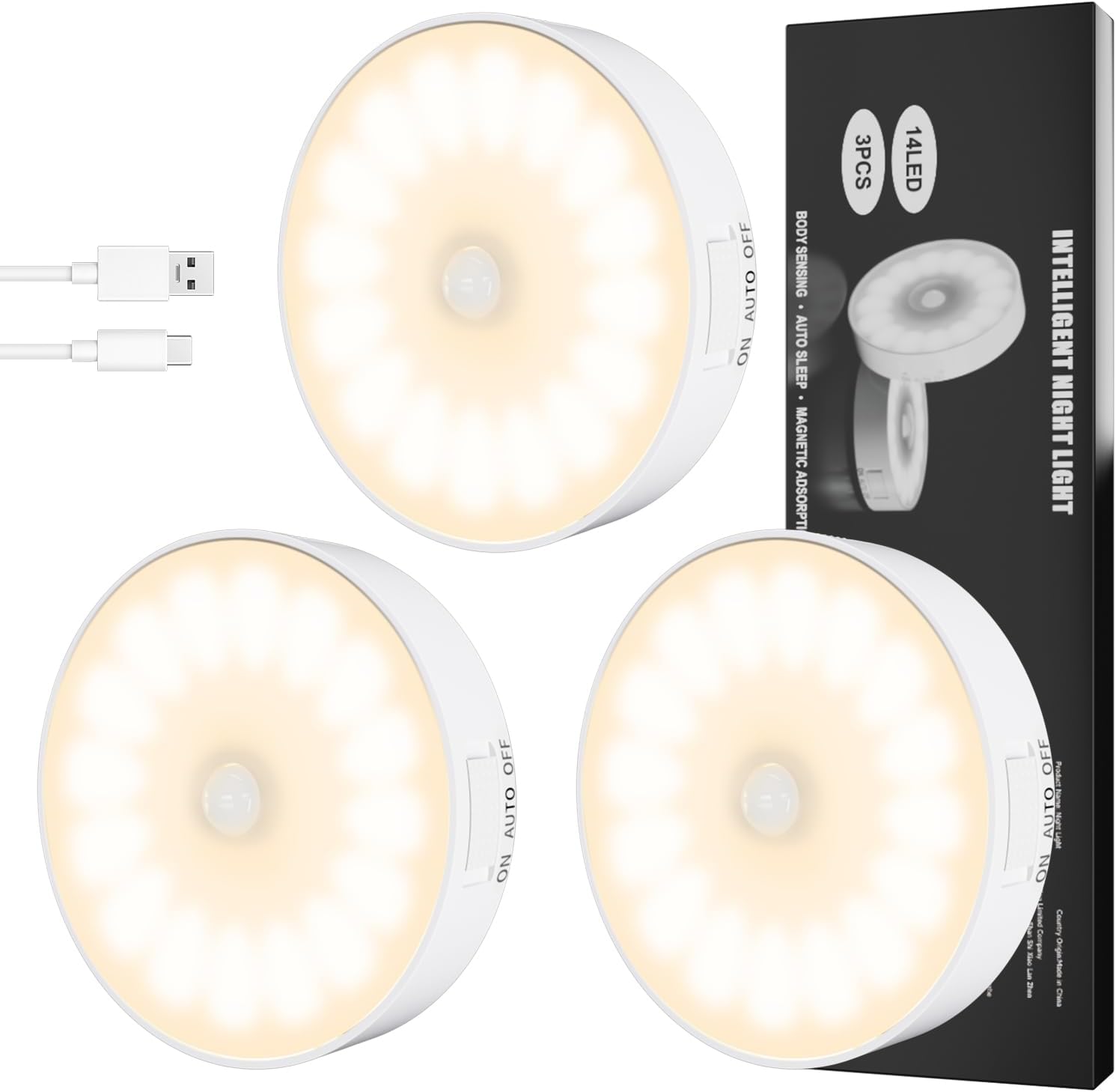 Motion Sensor Light Indoor, Upgraded 14 LEDs Night Light USB Rechargeable