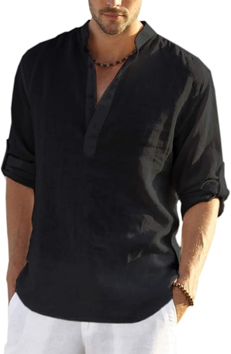 Men's Middle-Sleeved Linen Cotton Casual Band Collar Shirt