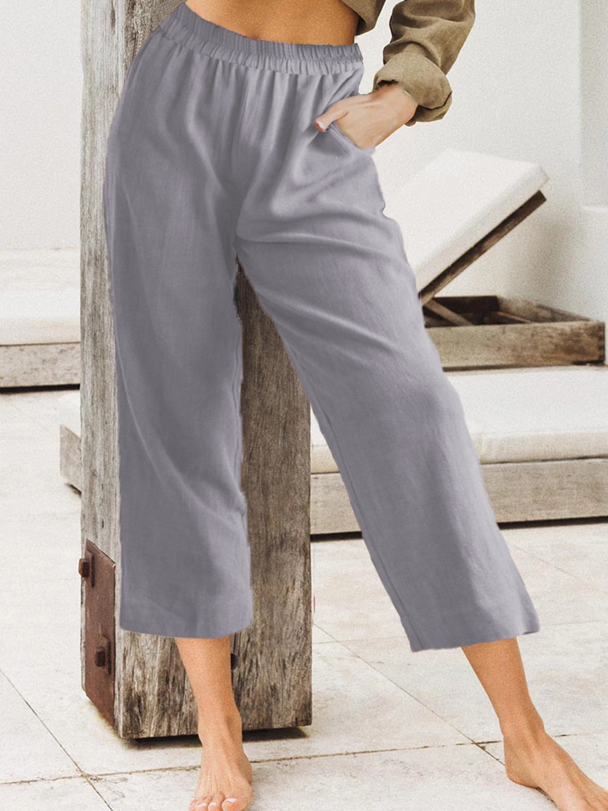 Women's casual cotton and linen three-quarter length pants