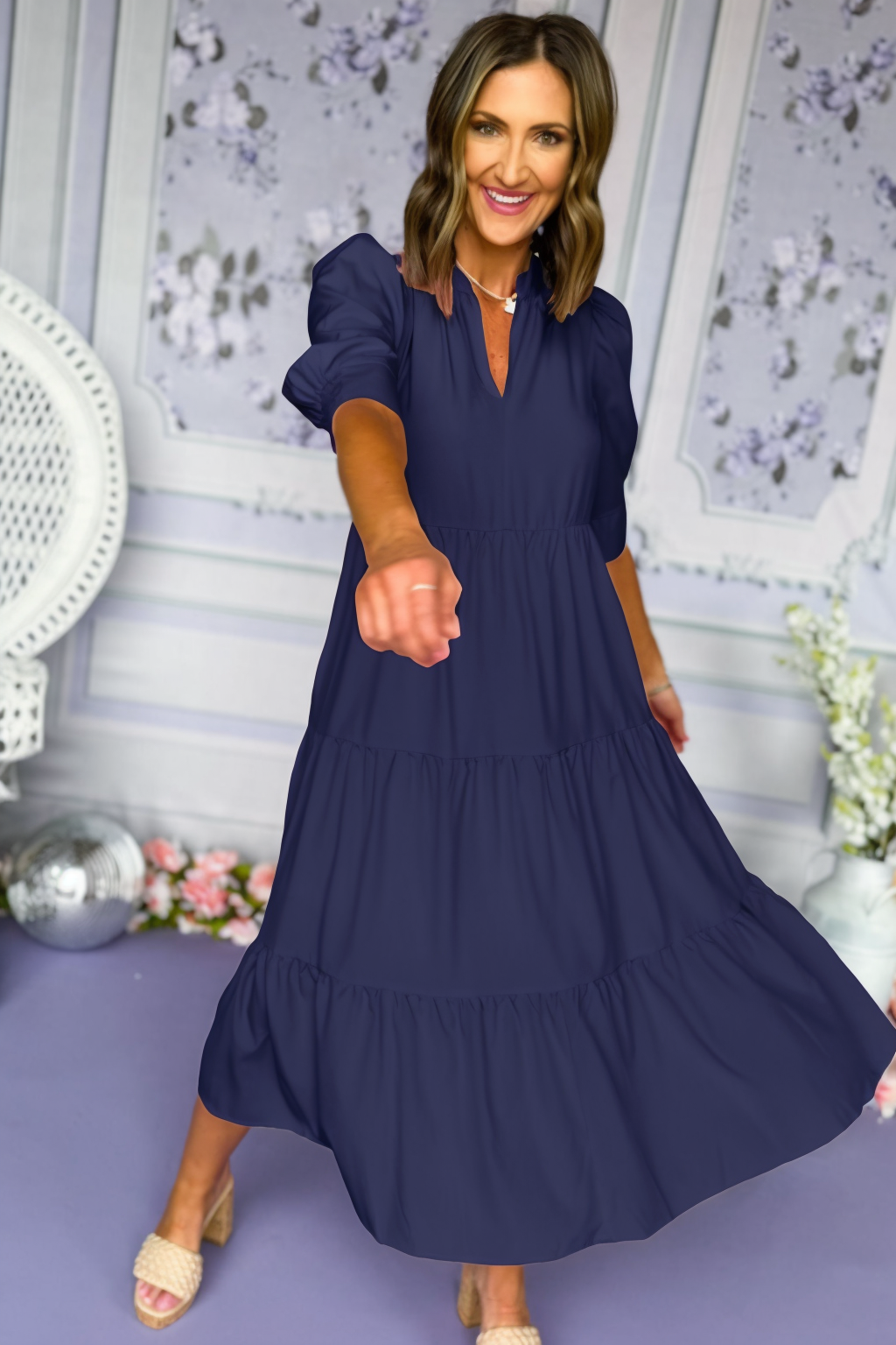 V-Nack Three Quarter Sleeve Tiered Midi Dress