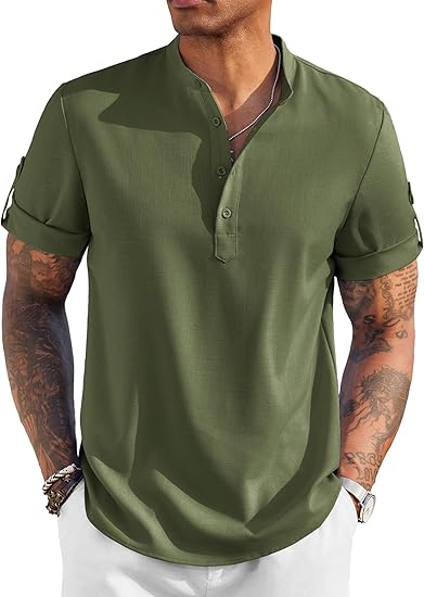 Men's Short-Sleeved Linen Cotton Casual Band Collar Shirt