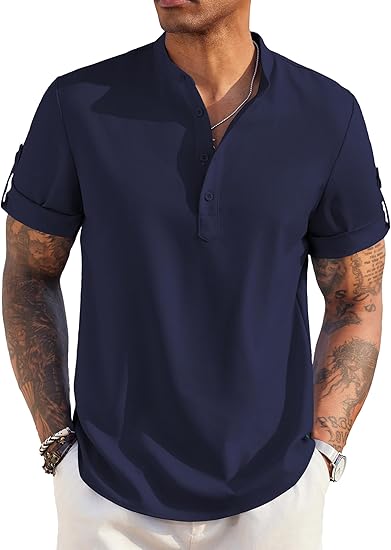 Men's Short-Sleeved Linen Cotton Casual Band Collar Shirt