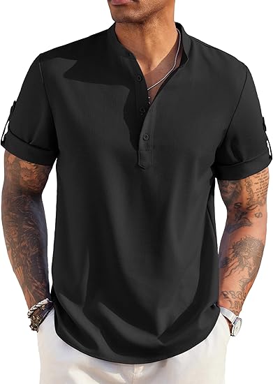 Men's Short-Sleeved Linen Cotton Casual Band Collar Shirt