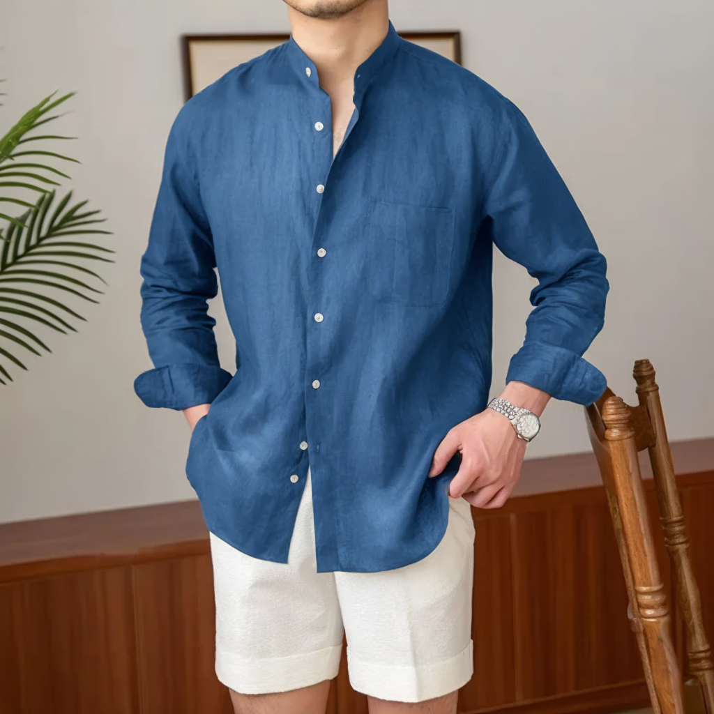 Casual Linen long-sleeved shirt versatile holiday stand-up collar shirt Henry Collar Top