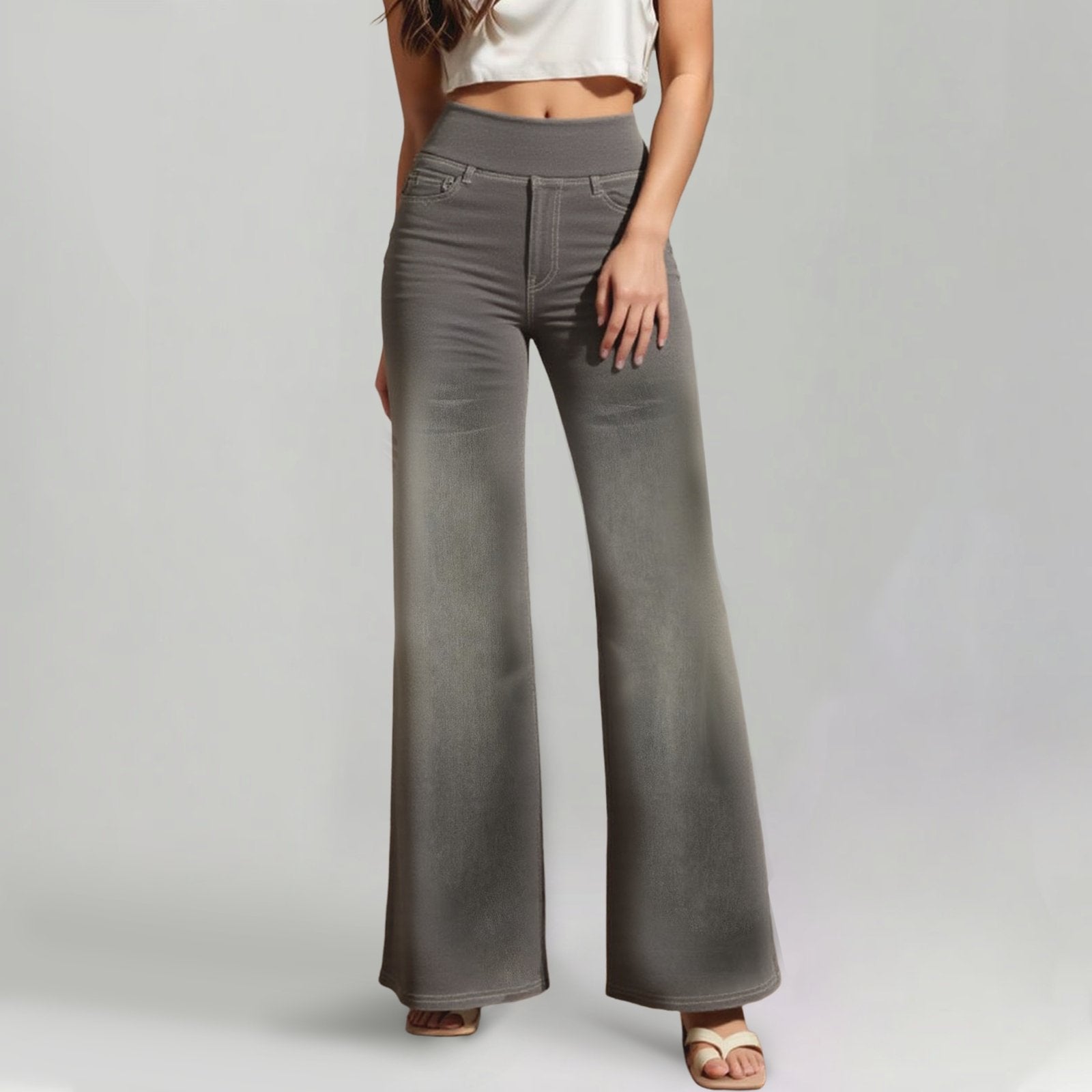 💥Discount Sale 55% Off🔥Women's High-Waisted Washed Baggy Wide-Leg Stretchy Knit Jeans with Multiple Pockets