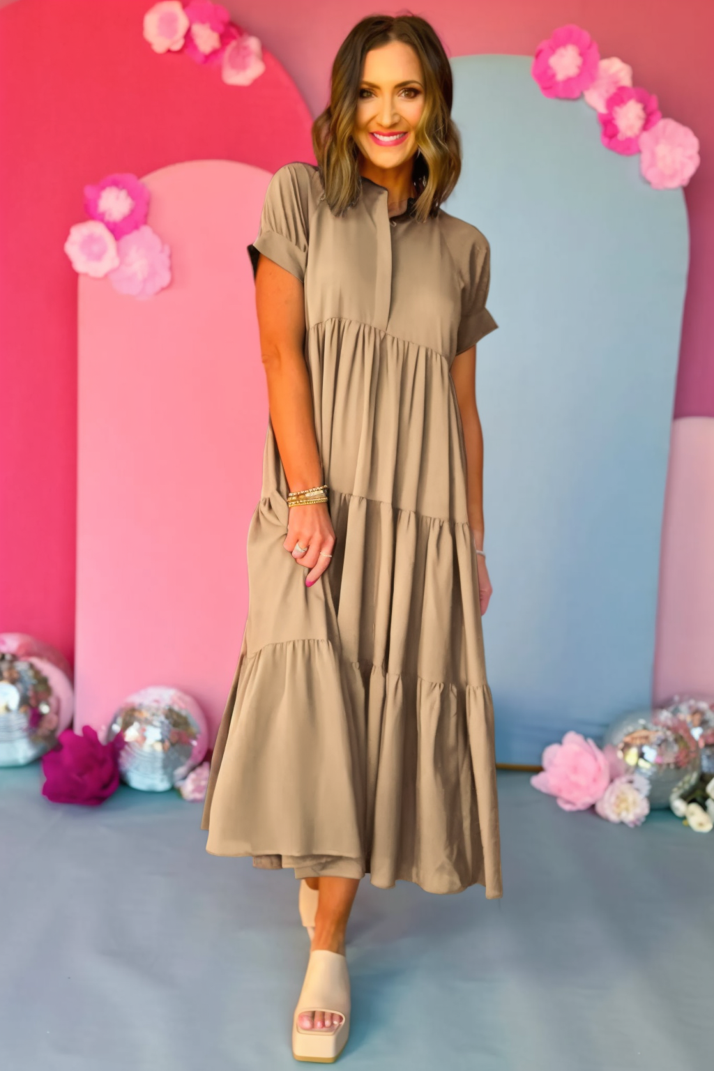 Button Front Tiered Short Sleeve Maxi Dress