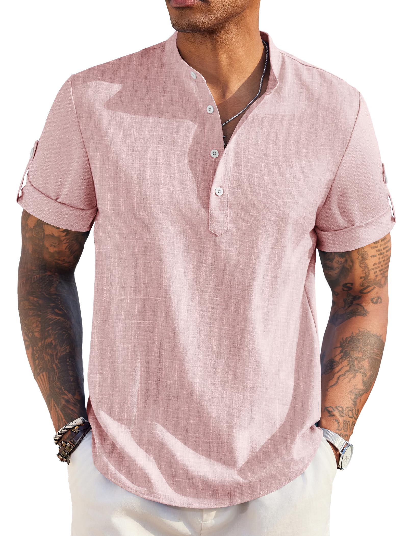 Men's Short-Sleeved Linen Cotton Casual Band Collar Shirt