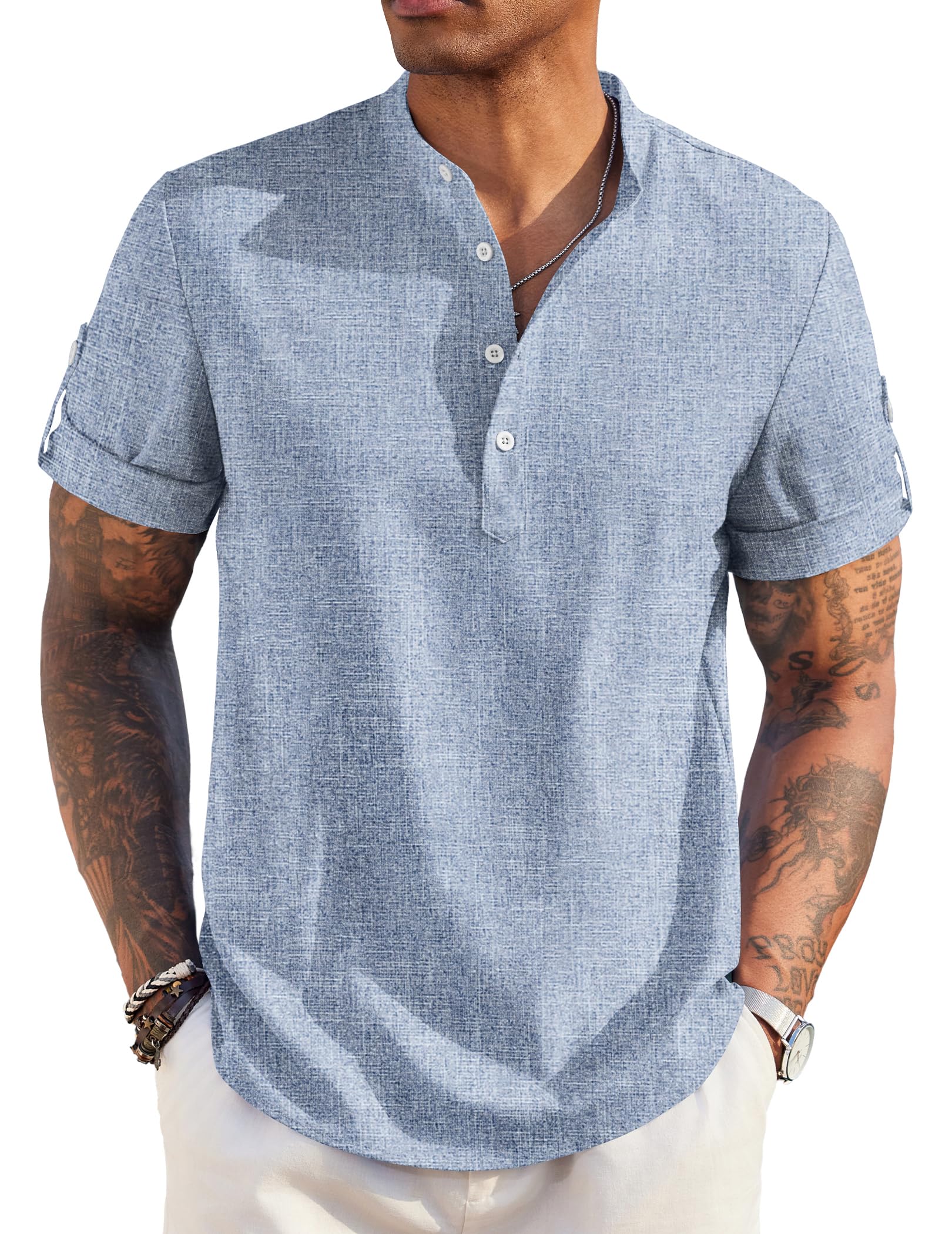 Men's Short-Sleeved Linen Cotton Casual Band Collar Shirt